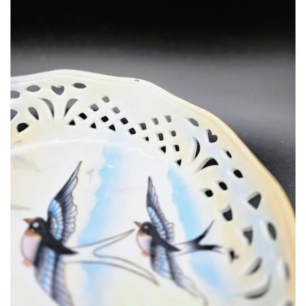 Vintage Hand Painted Pierced Porcelain Bowl Candy Dish Bird Swallow 7.75